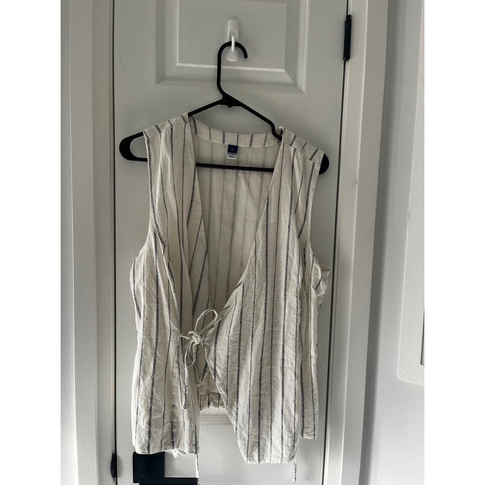 Old Navy Womens XL Ivory Navy Blue Striped Sleeveless Side Tie Wrap Vest Linen - Picture 3 of 9